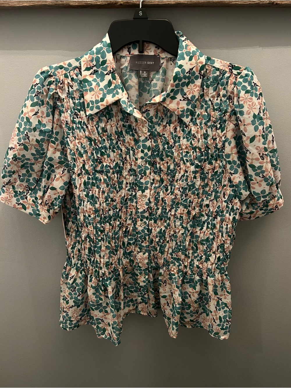 Hudson Gray Floral Smocked Peplum Blouse - Teal & Cream
